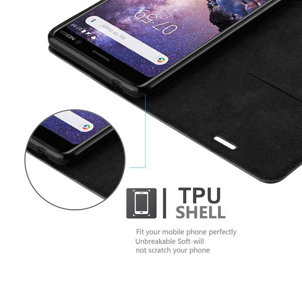Schwarzes Telefon in einer Hülle, Bildschirm mit Google-Suche. Text: 'TPU SHELL' und Info zum Telefon.