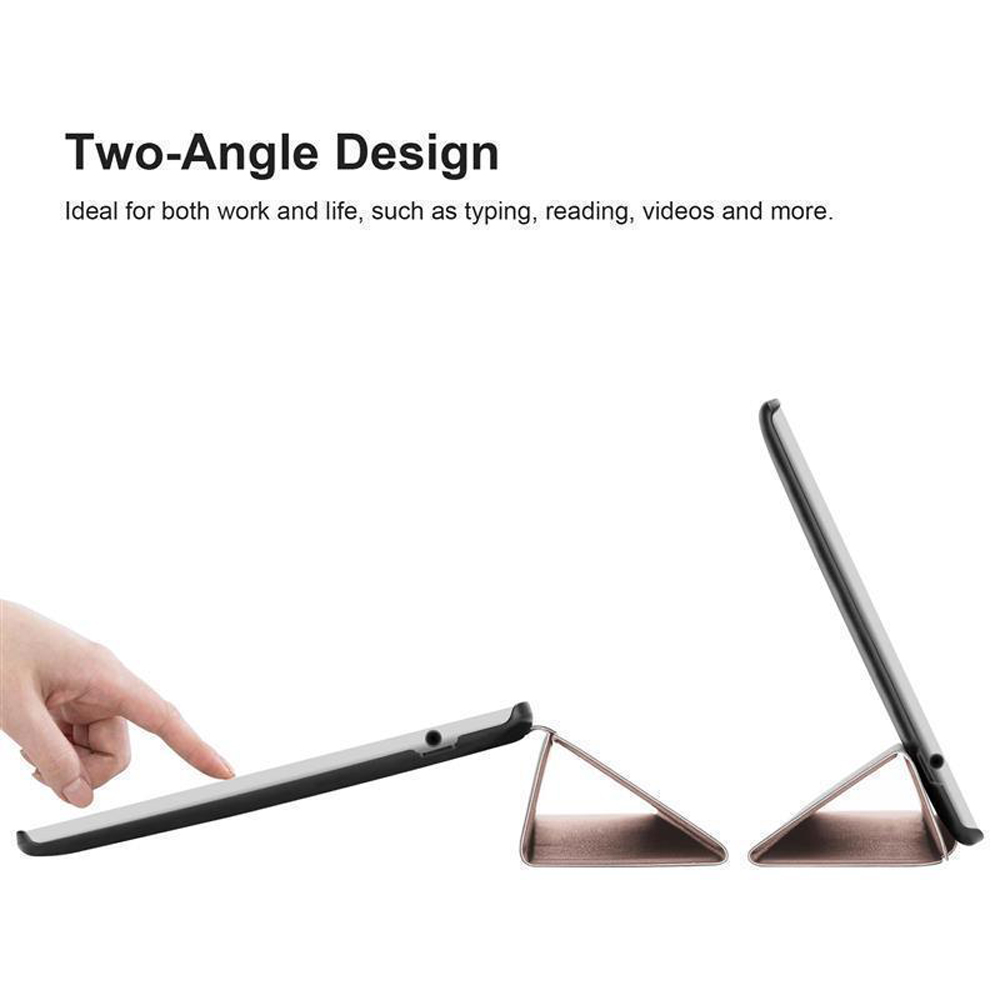 Tablet und Hülle in zwei abgewinkelten Positionen. Ein Finger berührt den Bildschirm. Weißer Hintergrund.