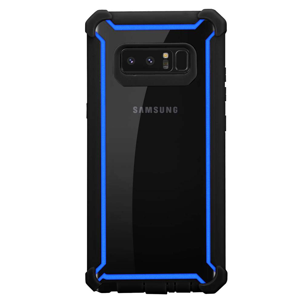 Schwarze Handyhülle mit blauem Rahmen und klarer Rückseite, die ein Telefon schützt.