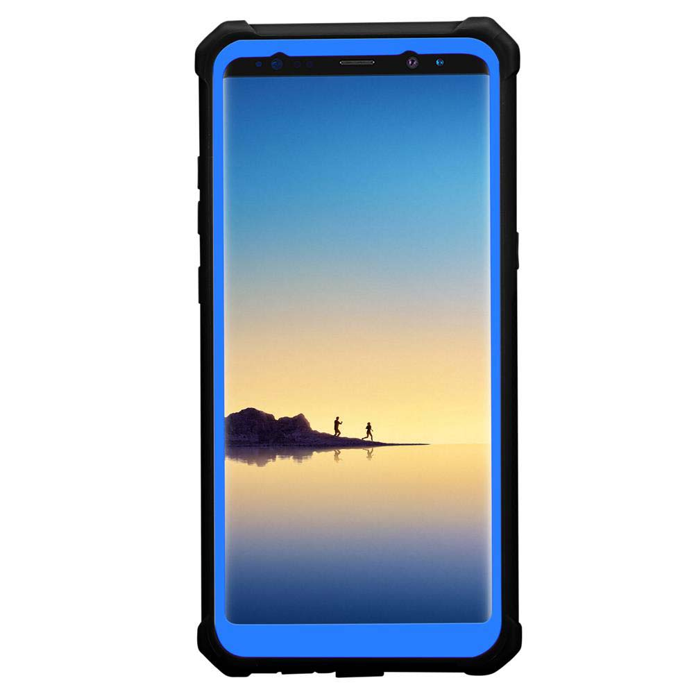Eine schwarz-blaue Handyhülle, die den Telefonbildschirm mit einem Landschaftsbild vor Weiß zeigt.