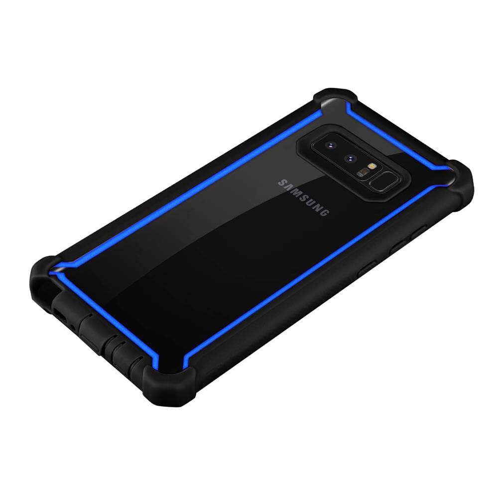 Schwarze Handyhülle mit blauen Akzenten, schützt das Telefon.