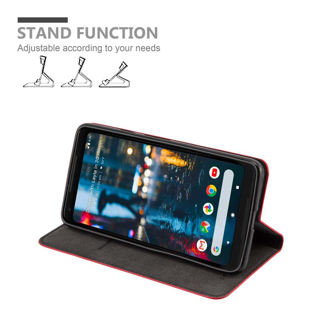 Telefono in una custodia, aperto. Lo schermo mostra l'interfaccia con la data. Testo "STAND FUNCTION" in alto.