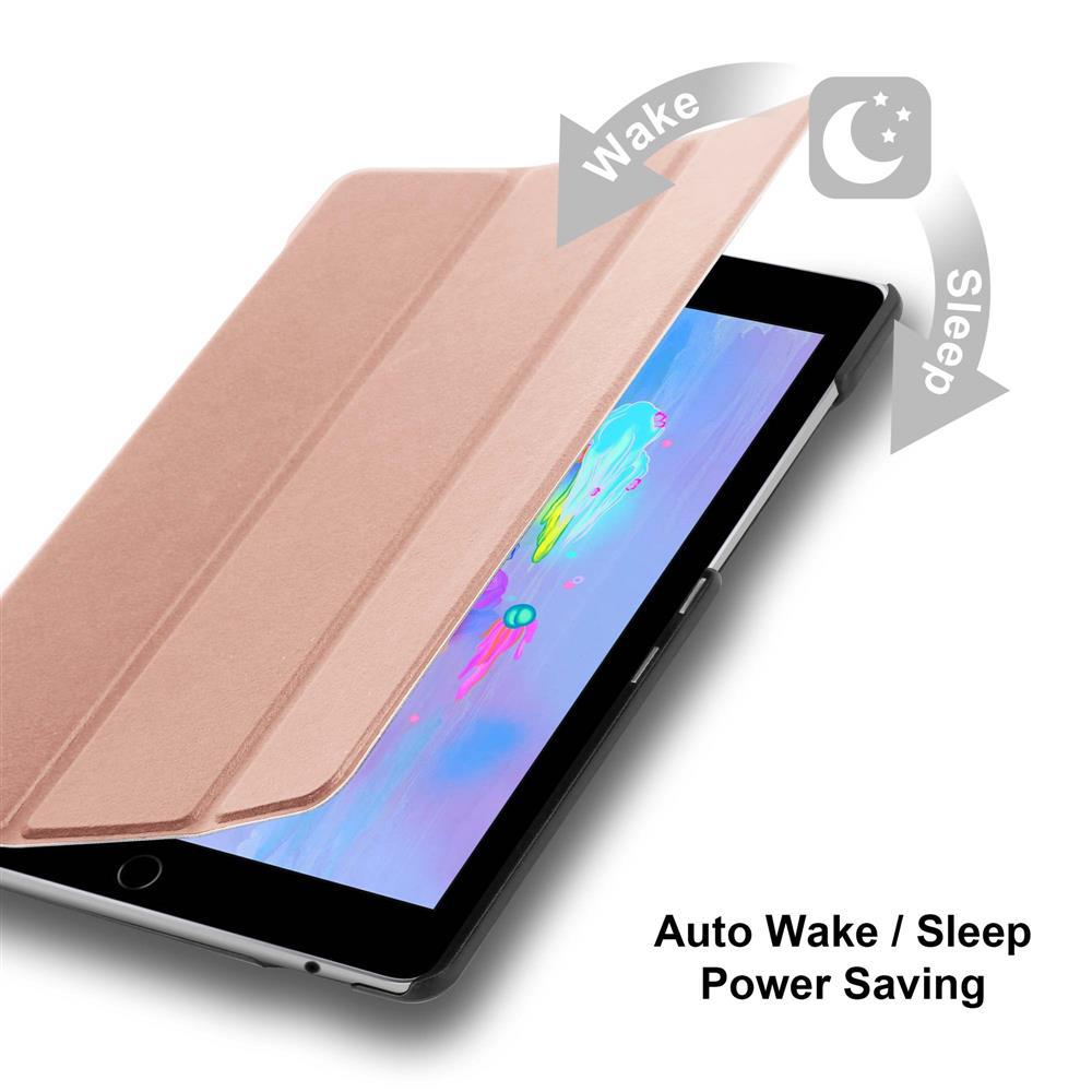 Goldene Tablethülle, offen, mit Tablet. Text 'Auto Wake / Sleep'.