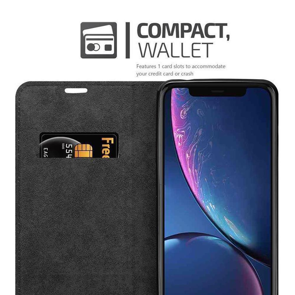 Schwarze Handyhülle mit Kartenfach und Telefon darin. Text: KOMPAKT, GELDBÖRSE.
