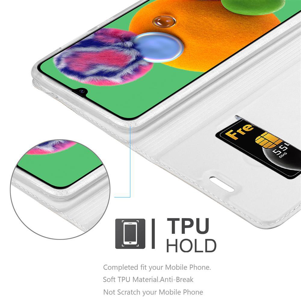 Handyhülle mit einem Telefon, einer Kreditkarte und einem weißen Innenraum. Der Bildschirm zeigt ein farbenfrohes Bild.