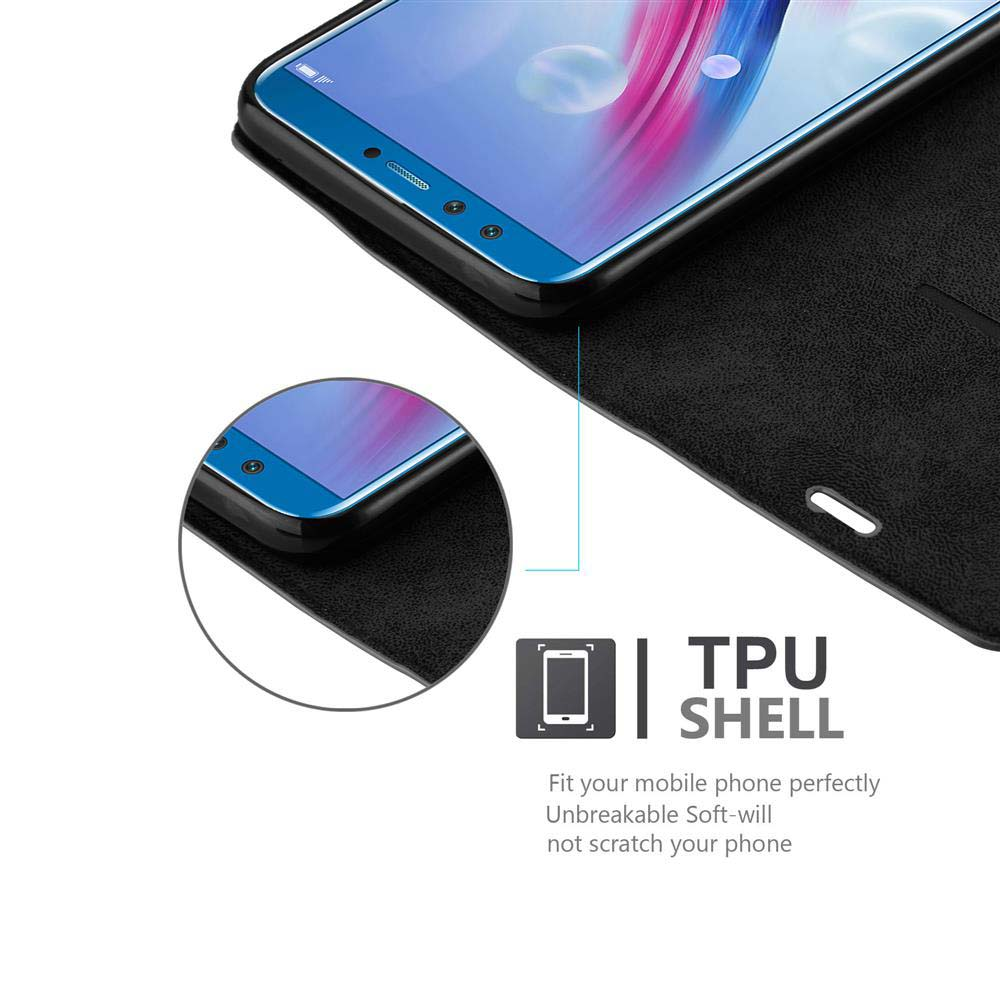 Eine schwarze Handyhülle mit einem Telefon darin. Der Telefonbildschirm zeigt ein farbenfrohes Hintergrundbild.