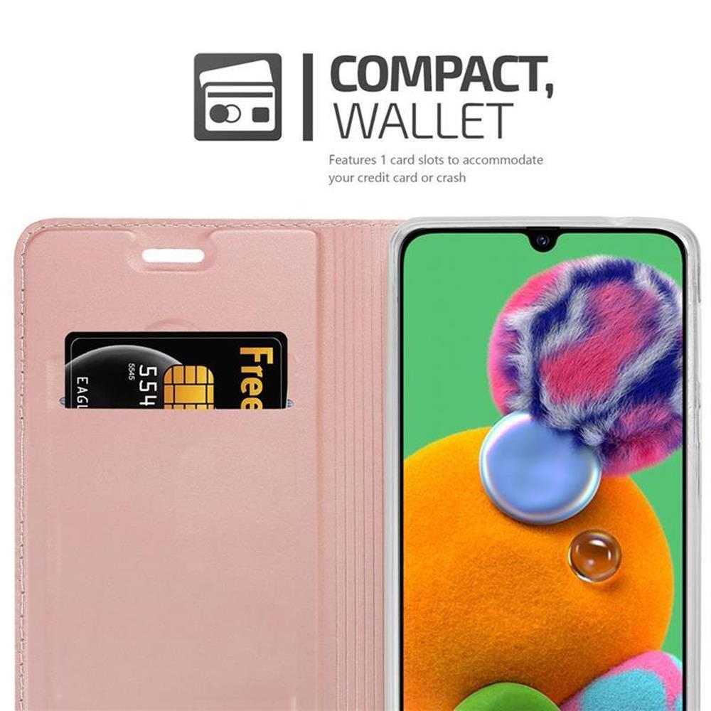 Custodia per telefono rosa con slot per schede e telefono che mostra un'immagine.