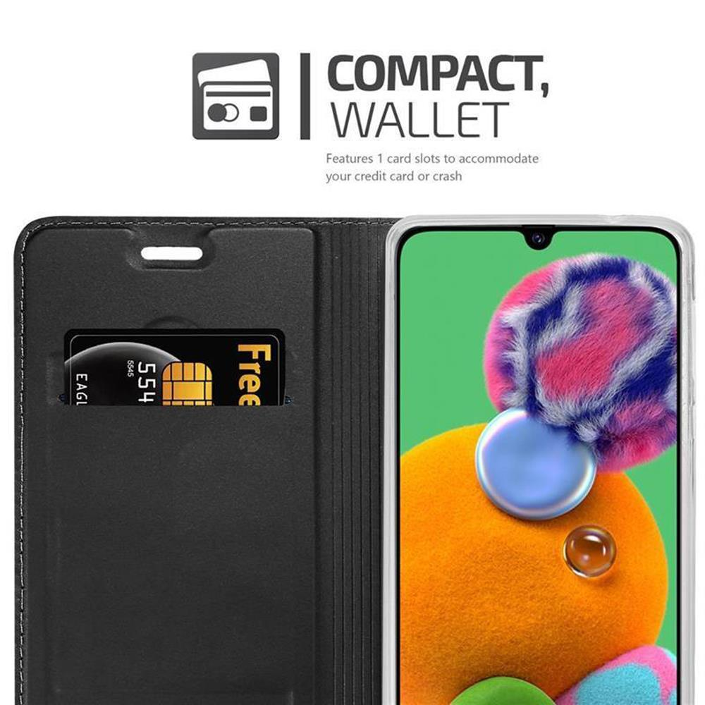 Telefono in una custodia a portafoglio nera, con scomparti per carte e carta di credito visibile.