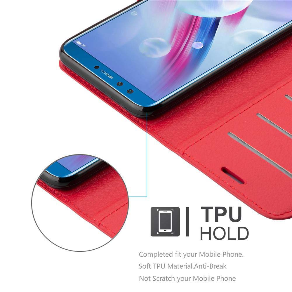 Custodia per telefono rossa, aperta, con un telefono all'interno. Il testo dice che è in materiale TPU morbido, anti-rottura e non graffia.