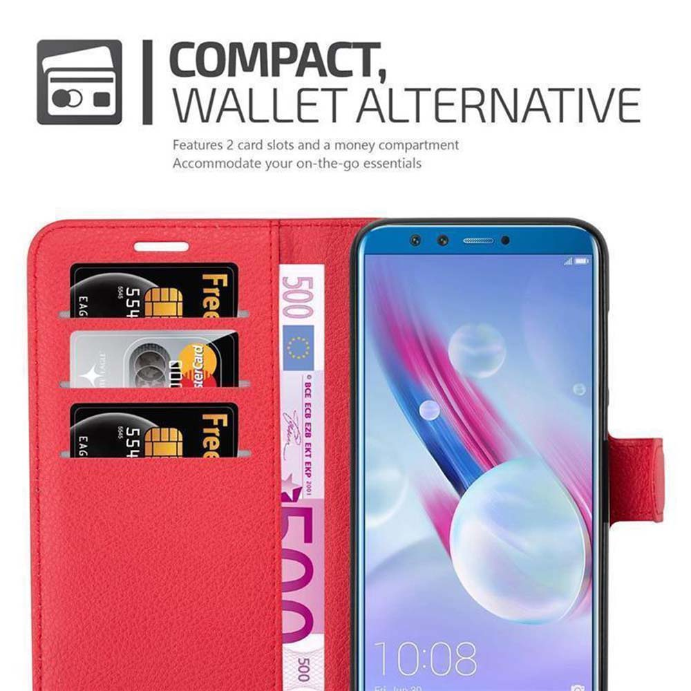 Custodia per telefono rossa, aperta, che mostra carte e denaro. Lo schermo del telefono è visibile. Il testo dice 'Wallet Alternative'.