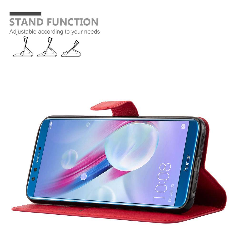 Custodia rossa con telefono dentro, funzione supporto. Testo: Regolabile in base alle tue esigenze.