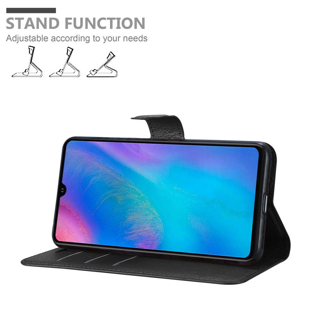 Schwarze Handyhülle mit Telefon darin, offen und abgewinkelt. Die Hülle hat eine Ständerfunktion zur Anzeige.