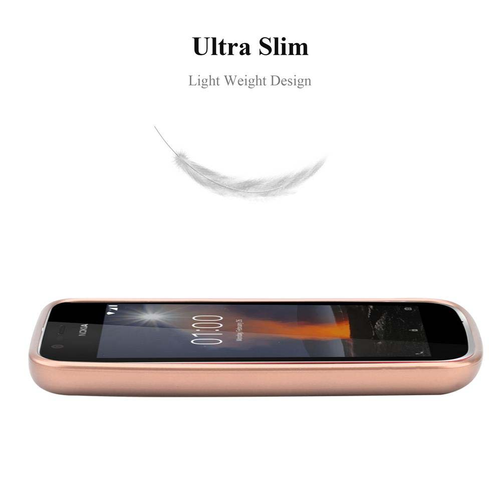Un telefono color oro rosa è appoggiato su una superficie bianca, una piuma fluttua sopra. Il telefono mostra l'ora.