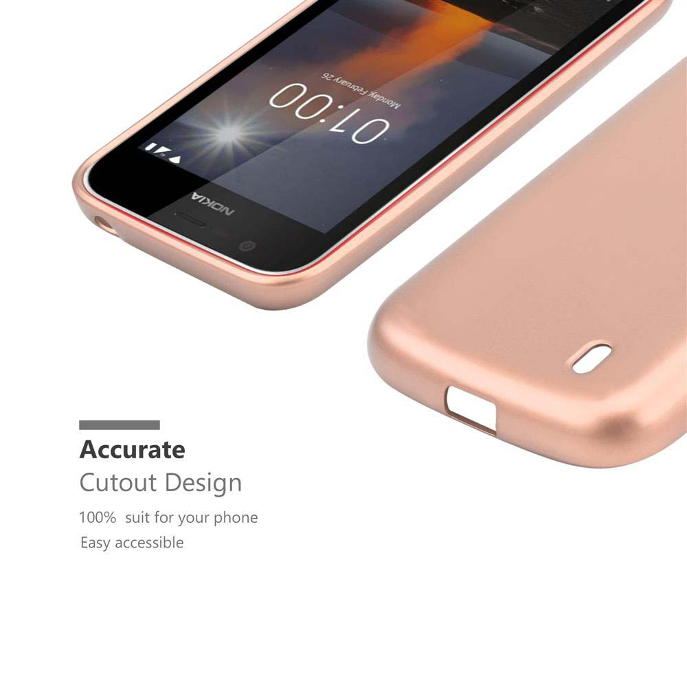 Custodia e telefono oro rosa, con ritagli per fotocamera e porte.