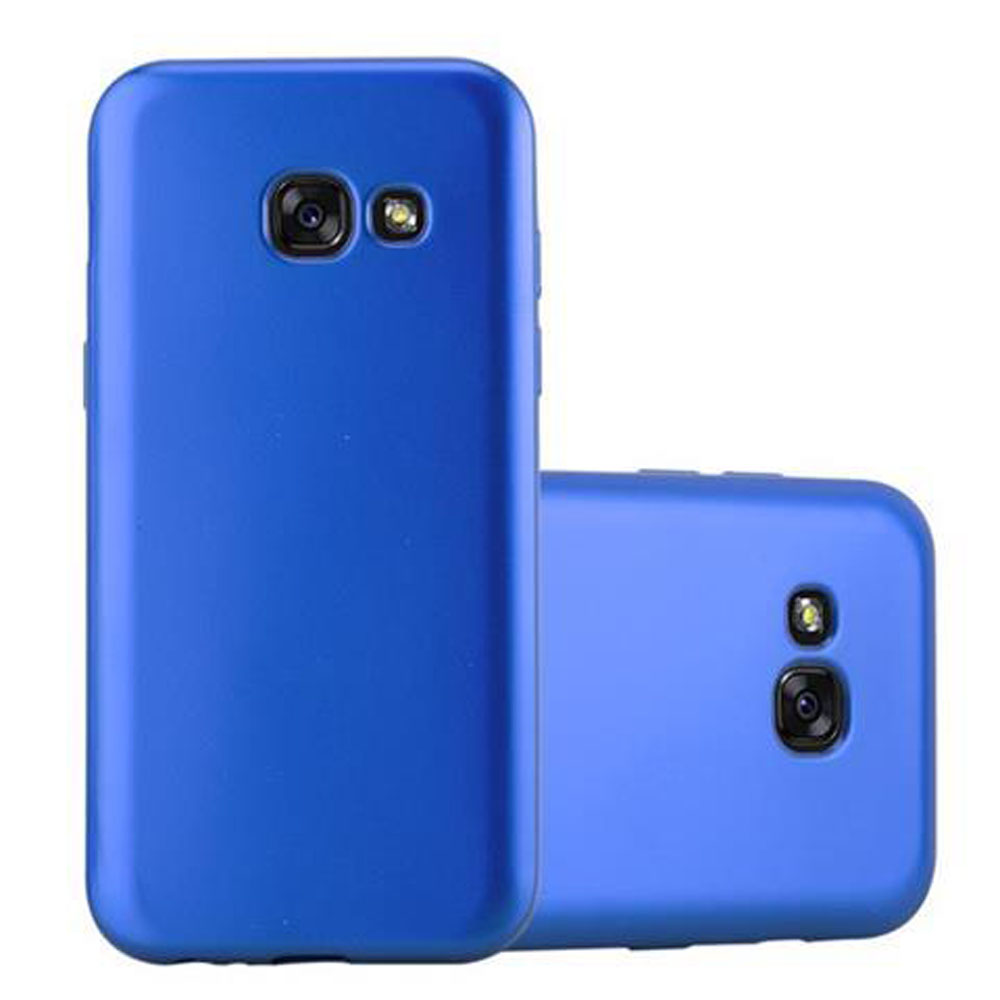 Dos fundas azules para teléfono. Una hacia adelante, la otra de lado.