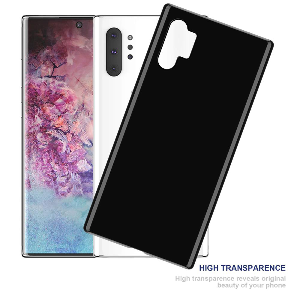 Un telefono nero con una custodia nera. Testo: L'alta trasparenza rivela la bellezza originale del tuo telefono.