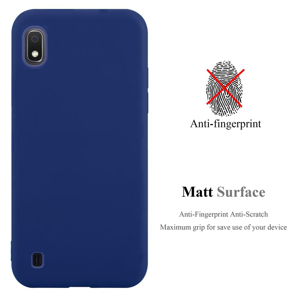 Eine blaue Handyhülle mit Anti-Fingerabdruck- und matter Oberfläche wird angezeigt.