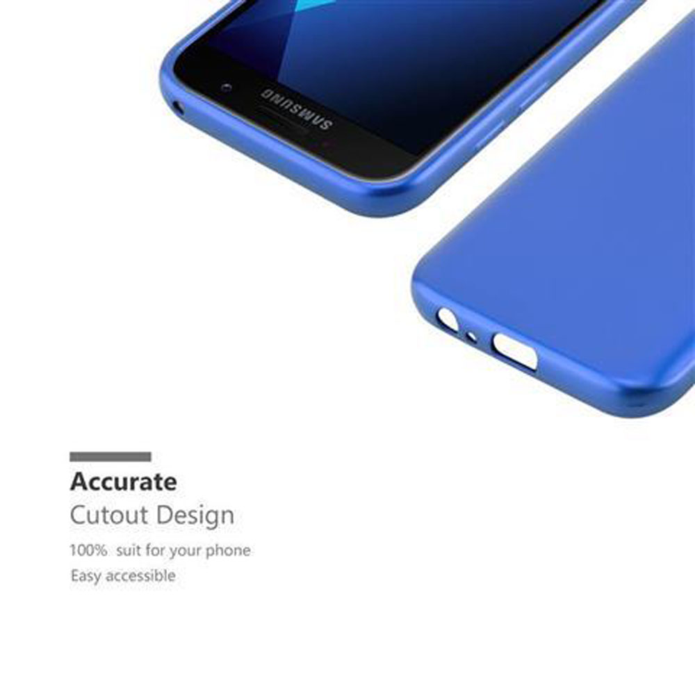 Funda de teléfono azul con un teléfono dentro. El texto dice: 'Accurate Cutout Design' y 'Easy accessible'.