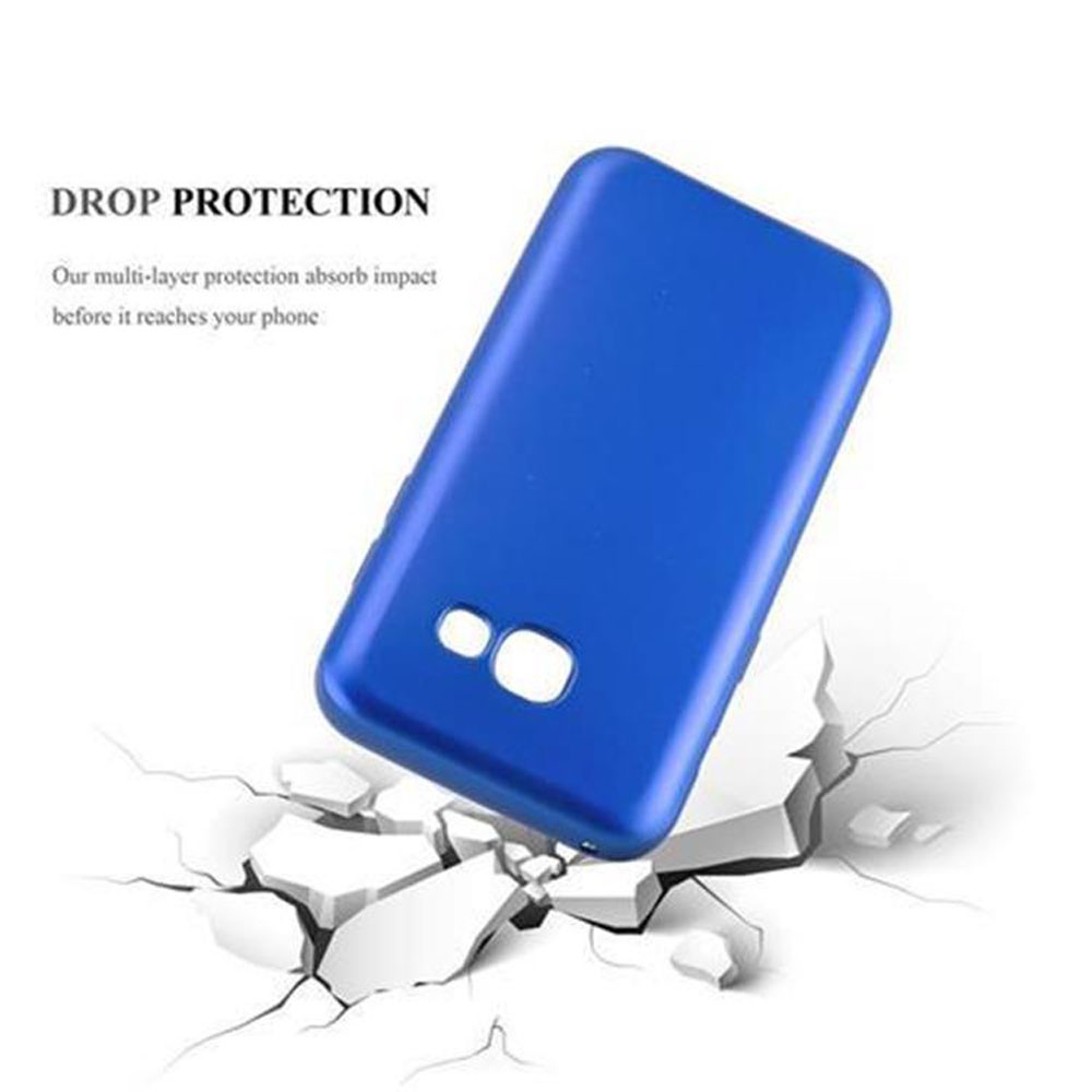 Una funda de teléfono azul sobre una superficie blanca agrietada. El texto indica "DROP PROTECTION" y describe la absorción de impactos.