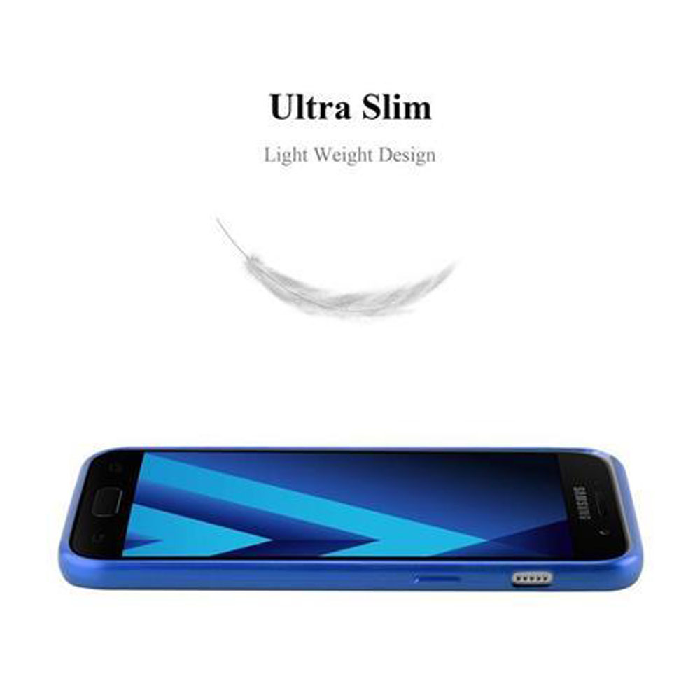 Una funda de teléfono azul con un teléfono dentro, con una pluma encima.