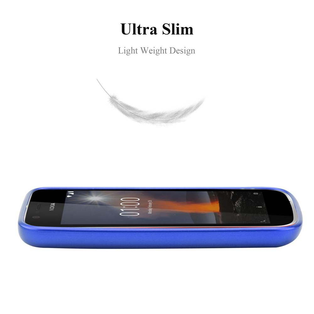 Ein blaues Telefon von der Seite betrachtet mit einer Feder, die darüber schwebt. Das Telefon ist ultra-schlank.