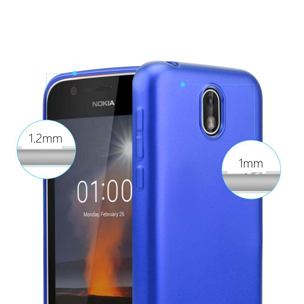 Ein blaues Telefon in einer Hülle mit Nokia-Logo und angezeigter Uhrzeit. Die Dicke ist mit Etiketten markiert.