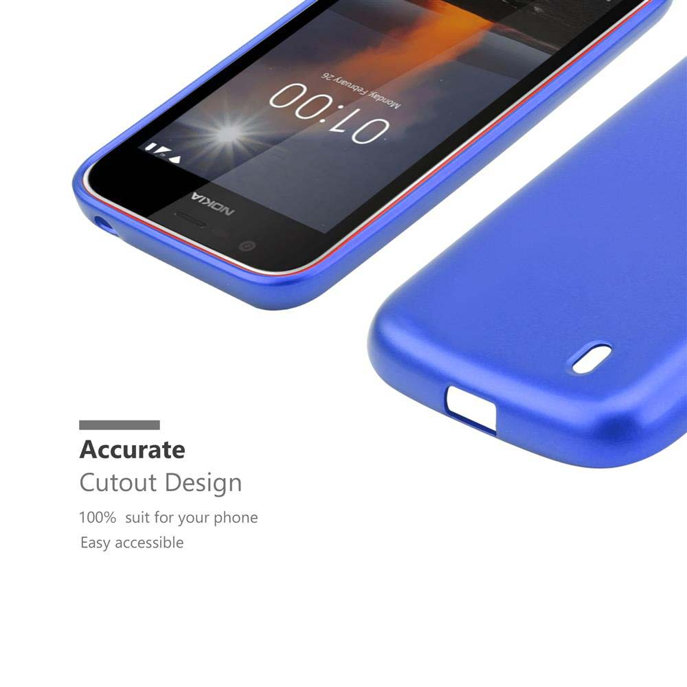 Ein blaues Telefon mit blauem Gehäuse, Bildschirm an, mit Text und weißem Hintergrund.