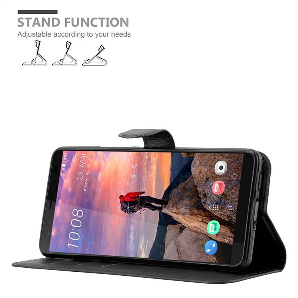 Offene Handyhülle mit einem Telefon, das ein szenisches Bild anzeigt. Ständerfunktion mit einstellbaren Positionen.