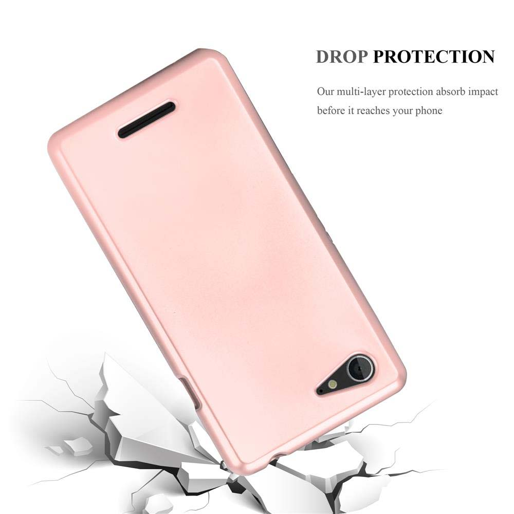 Funda rosa para teléfono cayendo, con texto sobre protección contra caídas y absorción de impactos.