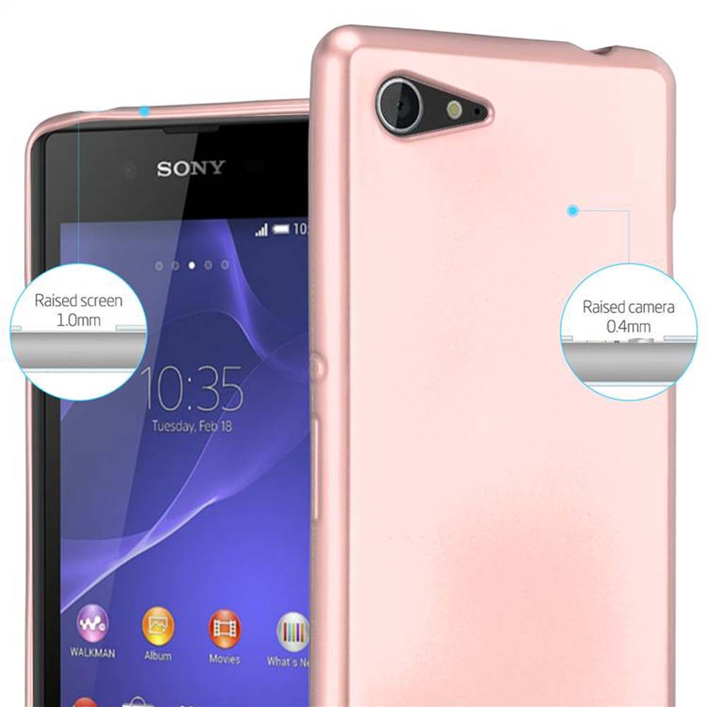 Una funda y un teléfono rosas. La pantalla muestra la hora. Texto de pantalla y cámara elevados.