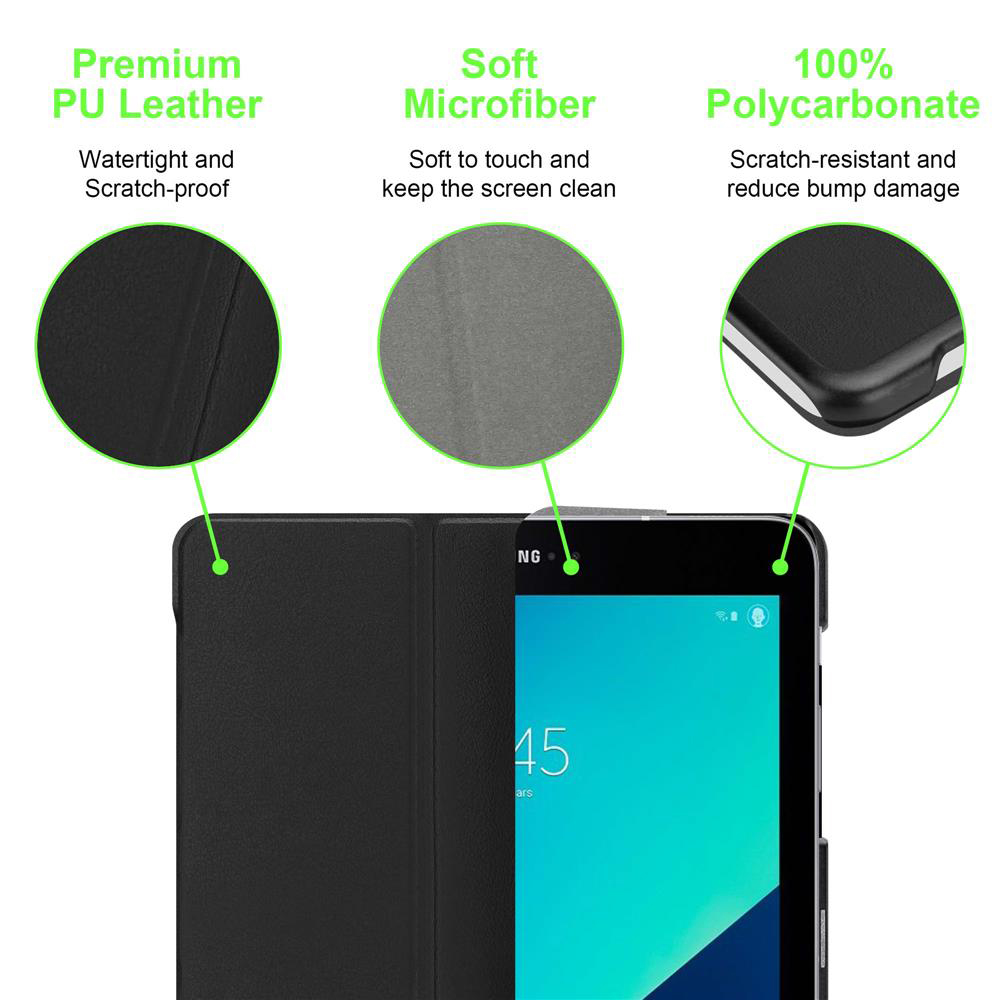 Eine schwarze Tablet-Hülle mit PU-Leder, Mikrofaser und Polycarbonat-Materialien.