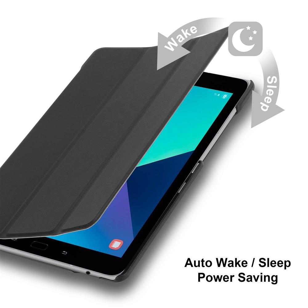 Eine schwarze Tablethülle. Die Abdeckung ist hochgeklappt und gibt den Bildschirm frei. Text sagt Wake und Sleep.
