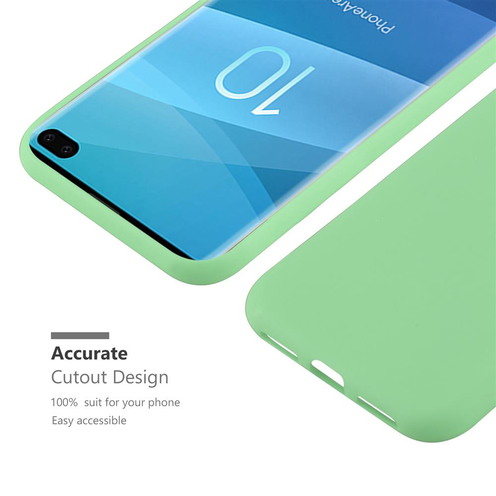 Nahaufnahme einer grünen Handyhülle mit Text über präzises Ausschnittdesign und Zugänglichkeit.