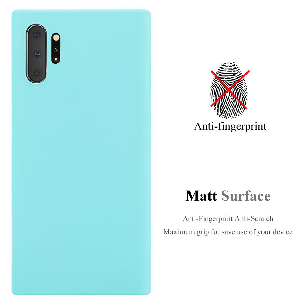 Una custodia per telefono azzurra con un telefono e testo sul lato. Simbolo di impronta digitale sbarrato.