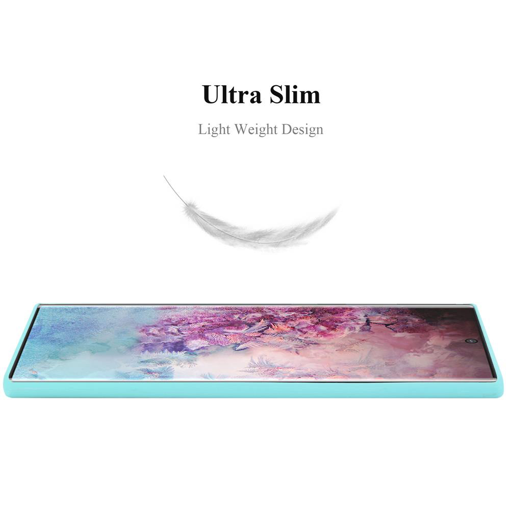 Un telefono azzurro con le parole 'Ultra Slim' sopra e una piuma bianca fluttuante.