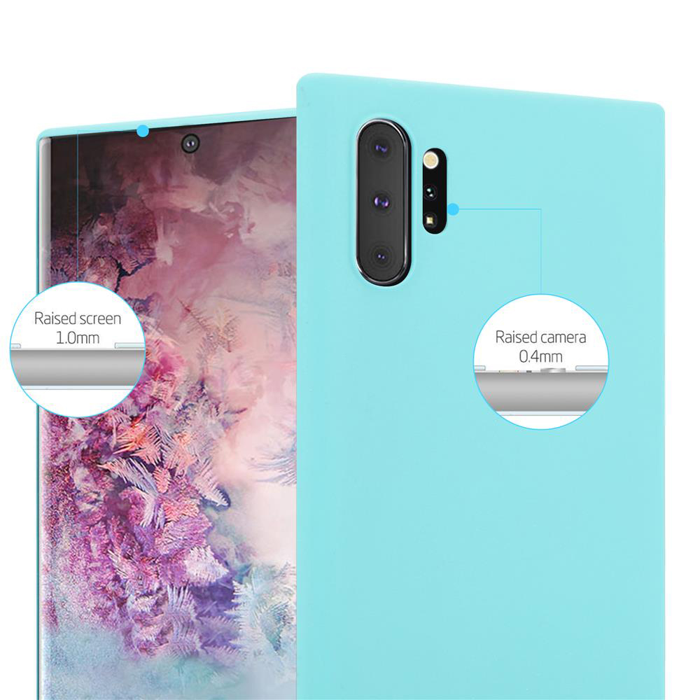Custodia per telefono azzurra. Primo piano della fotocamera e dello schermo. Testo: Schermo e fotocamera rialzati.