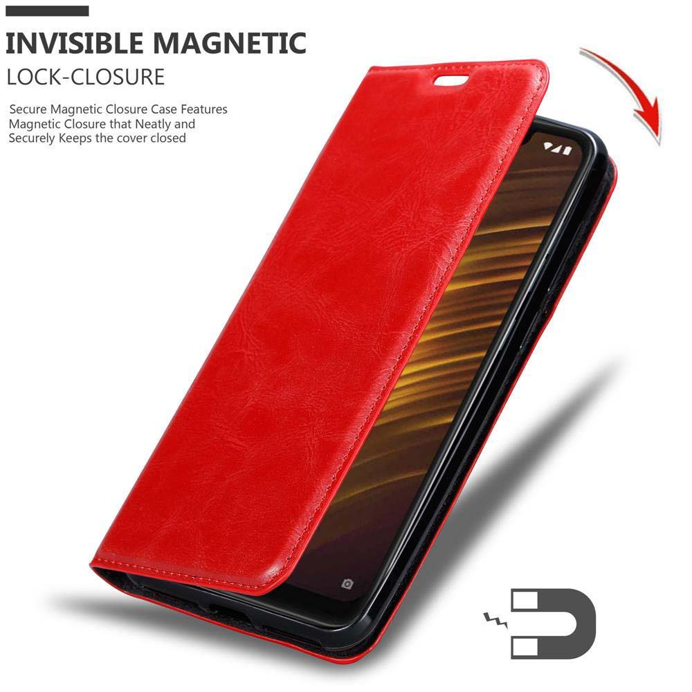 Custodia per telefono rossa, aperta, che rivela un telefono. Un simbolo di magnete accanto.