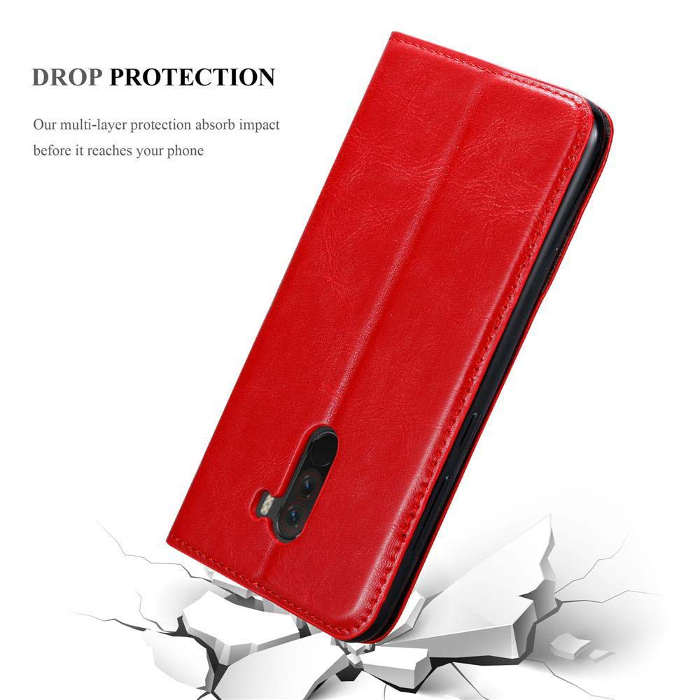 Custodia per telefono rossa con un telefono all'interno. Sfondo bianco e testo: DROP PROTECTION.