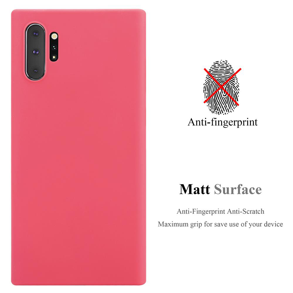 Custodia per telefono rosa con telefono rosso a sinistra. Il testo indica anti-impronta e superficie opaca.