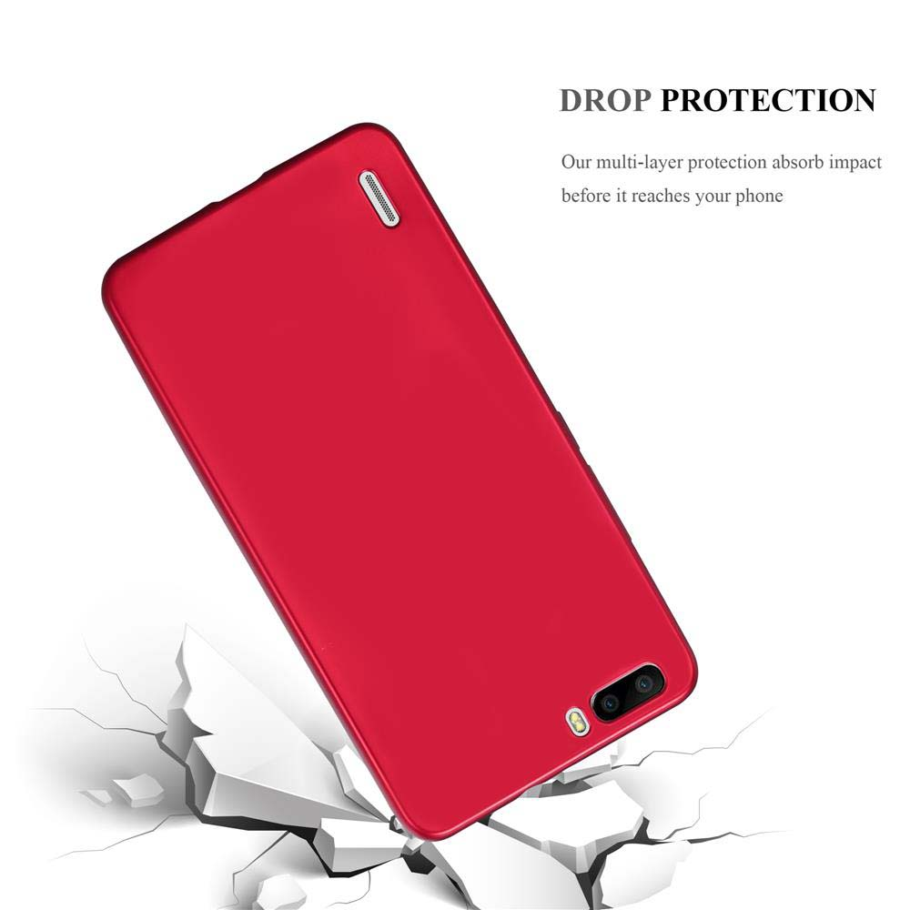 Custodia per telefono rossa che cade. Testo sovrapposto, "DROP PROTECTION". Sfondo bianco.