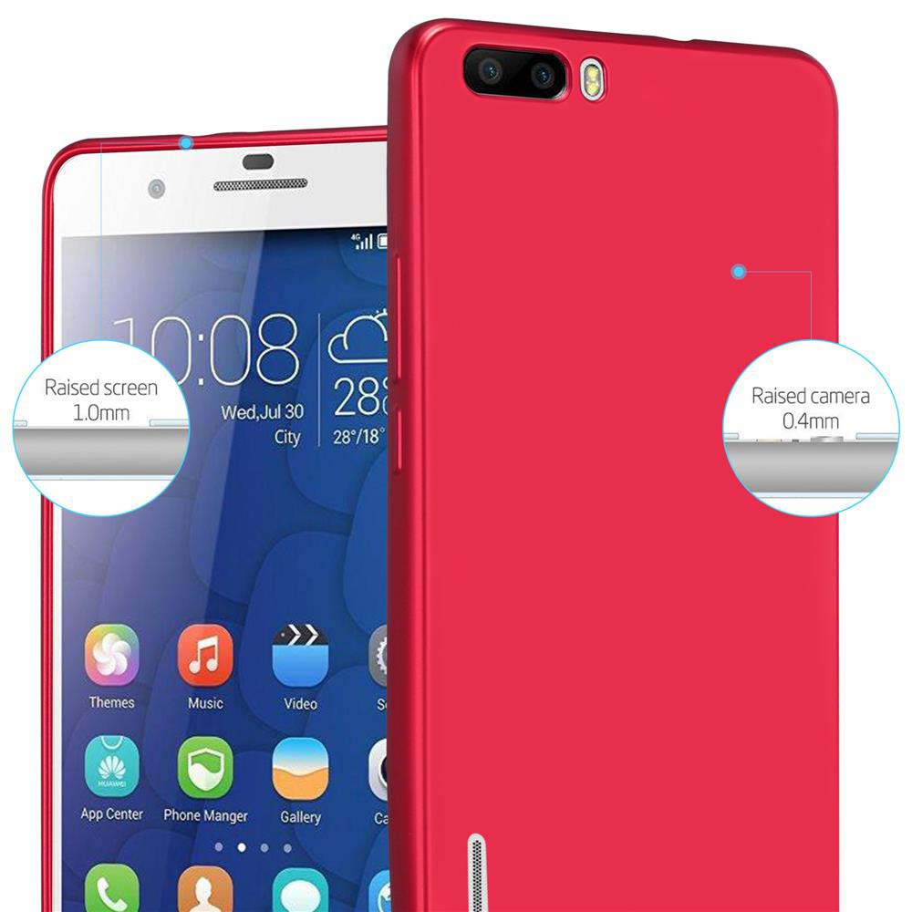 Telefono rosso con custodia. Lo schermo e la fotocamera sono leggermente rialzati. Il telefono visualizza un'interfaccia.