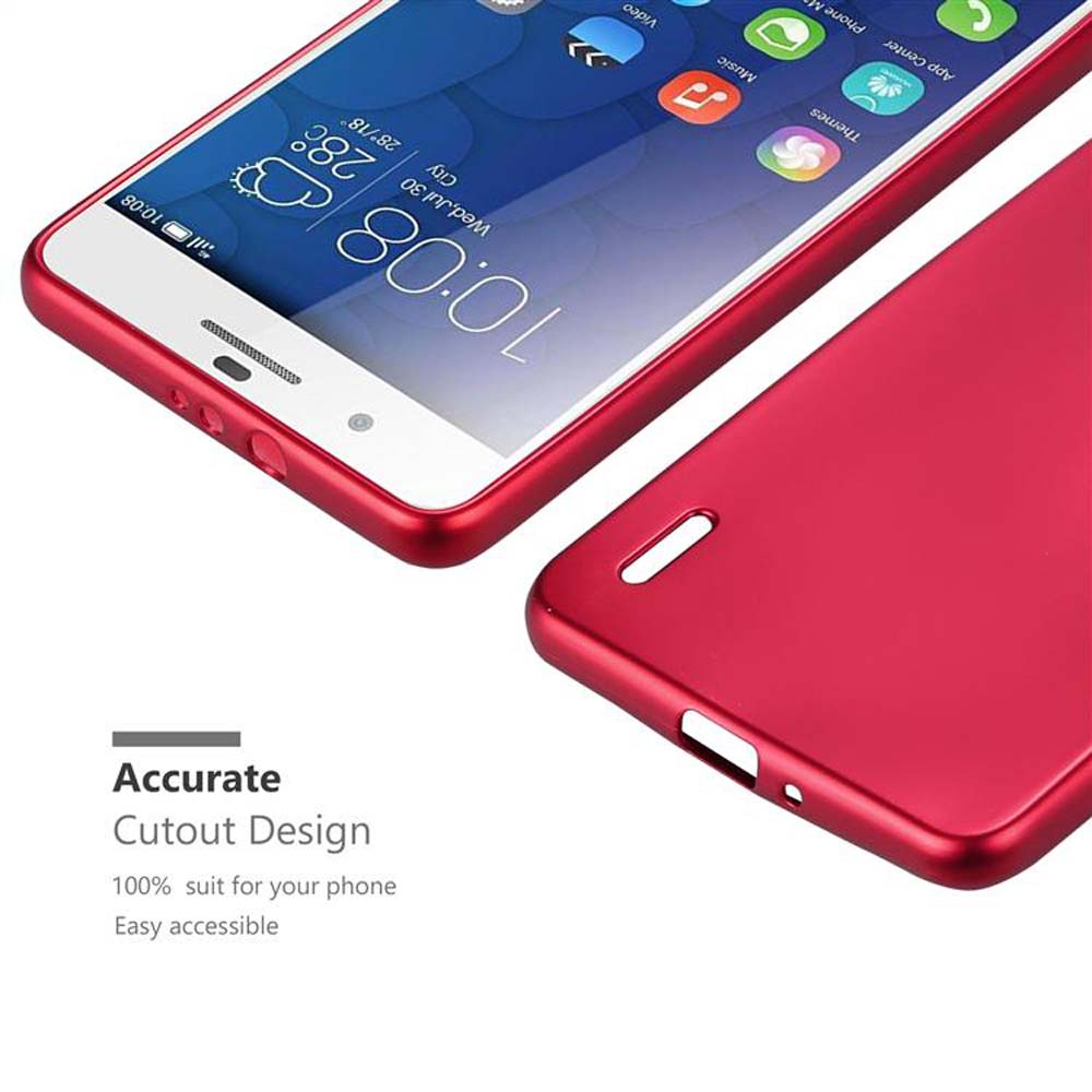 Due custodie per telefono, una con un telefono. Custodia rossa, che mostra il lato e il retro, telefono a destra.