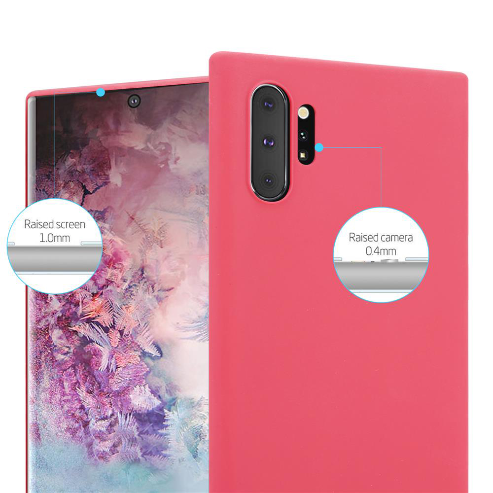 Custodia rosa con telefono. Aree schermo e fotocamera rialzate evidenziate.