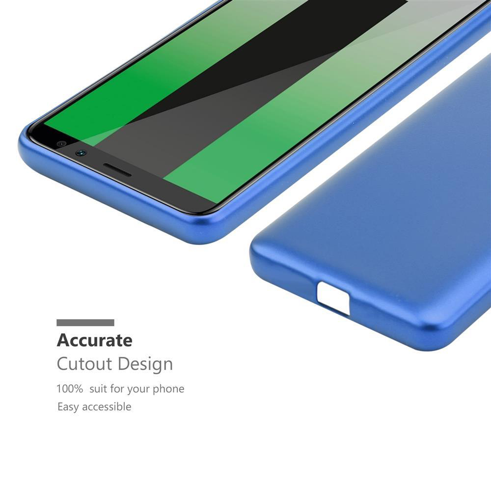 Blaue Handyhülle mit einem Telefon. Der Text lautet Accurate Cutout Design und 100% passend für Ihr Telefon.