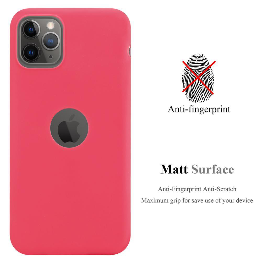 Eine rote Handyhülle mit einem Apple-Logo, der Text lautet Anti-Fingerabdruck und matte Oberfläche.