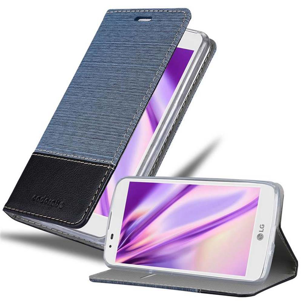 Teléfono en una funda azul y negra, abierto. Muestra la pantalla del teléfono. La funda está abierta.
