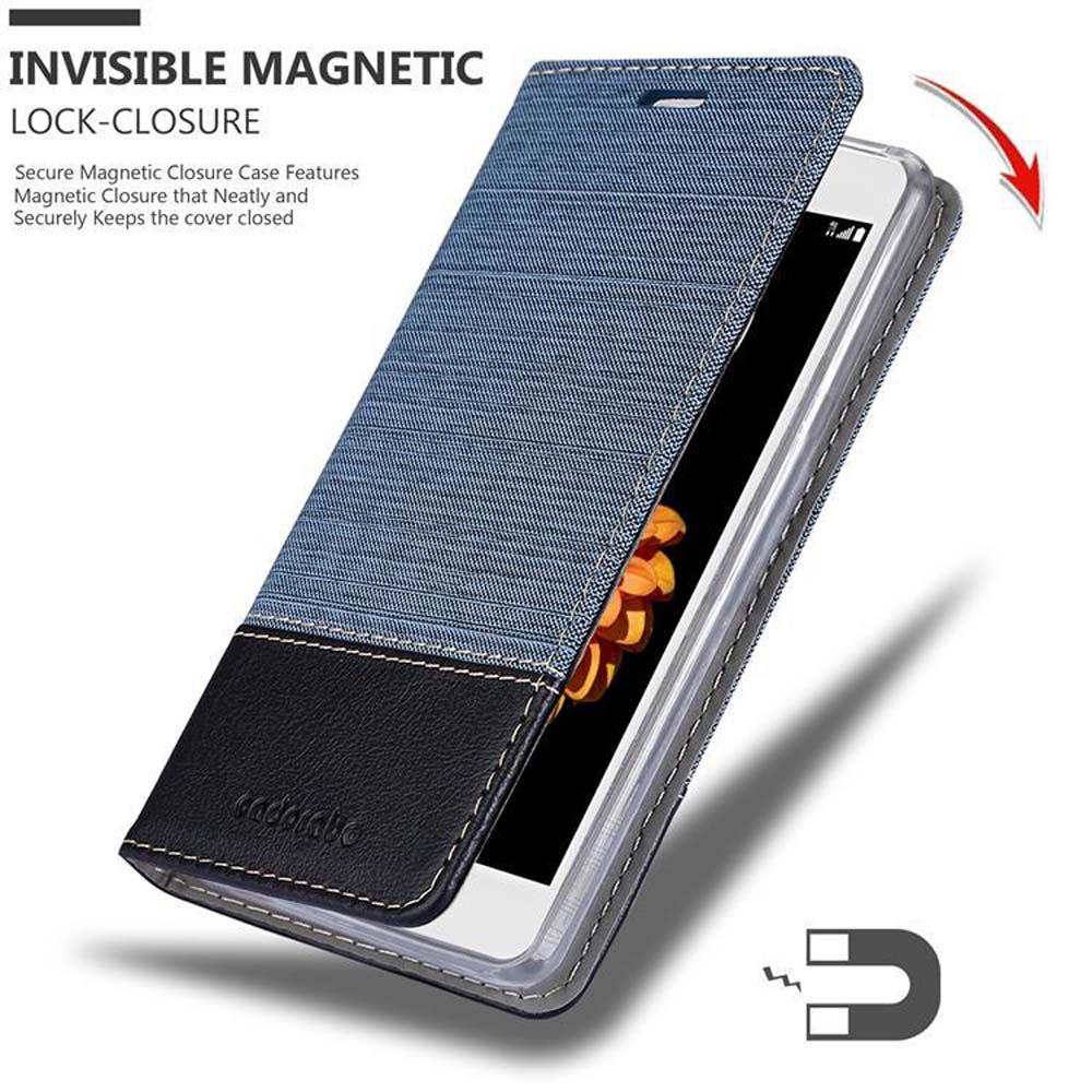 Funda de teléfono con cubierta de mezclilla. Abierta, mostrando la pantalla. Símbolo de imán visible.