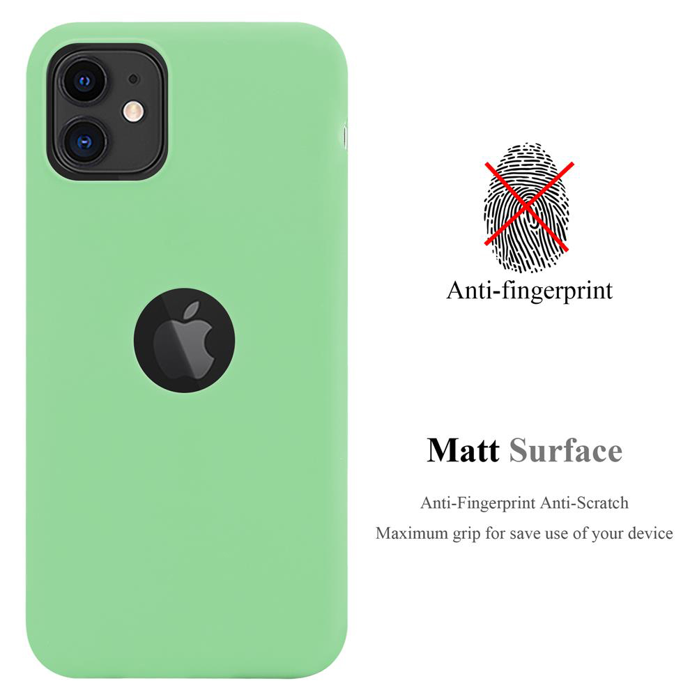 Custodia verde per telefono con logo Apple. Testo: 'Anti-impronta' e 'Superficie opaca'.