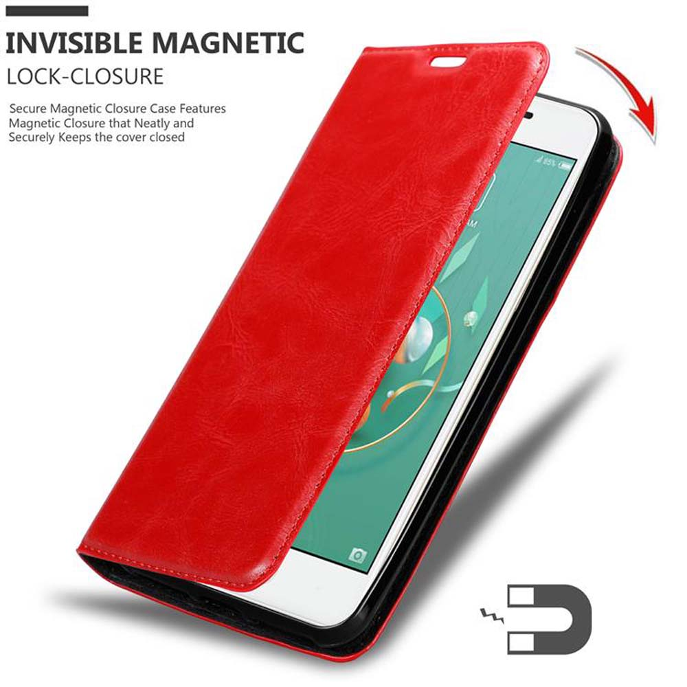 Una custodia per telefono in pelle rossa è aperta, rivelando un telefono. È presente anche un simbolo magnete.