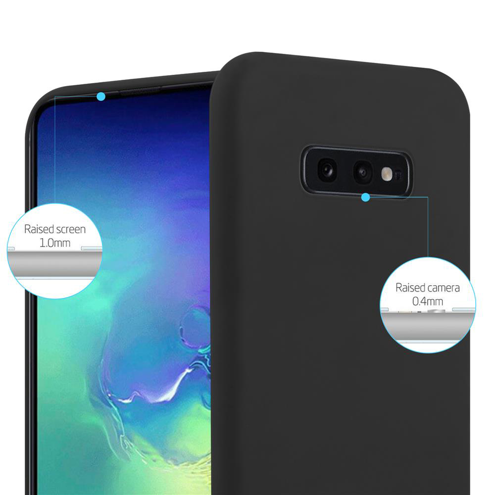 Custodia nera per telefono con schermo e fotocamera rialzati. Il testo mostra le misure dello schermo e della fotocamera.